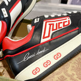 MAC80 Series Men's Embroidered Leather Sneakers (Black/Red/White Color Block) |756811 AAB79 1051