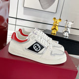 MAC80 Series Women's Double G Embroidered Leather Low-Top Sneakers (Off-White and Black/Red Colorway) |762611 AACNW 1051