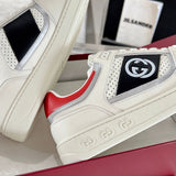 MAC80 Series Women's Double G Embroidered Leather Low-Top Sneakers (Off-White and Black/Red Colorway) |762611 AACNW 1051