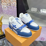 Men's Trainer Sneakers Blue-White Perforated Grained Calfskin with Velcro Strap |1AHTBV