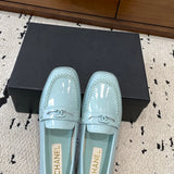 Women's Light Blue Patent Calfskin Moccasin Loafers |G45409 B15232 NT973