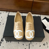 Women's Beige Diamond-Quilted Lambskin Double C Logo Lace-Up Ballet Flats |G47125