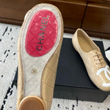 Women's Beige Diamond-Quilted Lambskin Double C Logo Lace-Up Ballet Flats |G47125