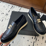 Women's Black Calfskin Loafers with Gold Camellia Double C Logo| G45663