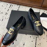 Women's Retro Gold CC Logo Black Lambskin Loafers |G36646 X01000 94305