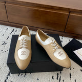 Women's Double C Logo Beige/White Color-Block Oxford Shoes, Chanel-Style Pointed-Toe Flat Derby Shoes |G35823