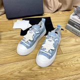 Women's Light Blue Frayed-Edge Denim Star-Print Sneakers |G45903 B16086 N0897