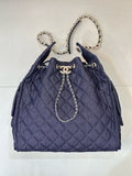 2026 Chain-Strap Tote Bag in Dark Blue Vintage Quilted Denim |AS5311 B24037 U9373
