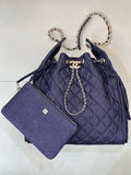 2026 Chain-Strap Tote Bag in Dark Blue Vintage Quilted Denim |AS5311 B24037 U9373