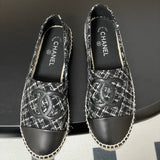 Women's Classic Double C Logo Silver-Threaded Black & White Tweed Straw Fisherman Sandals |G29762