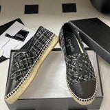Women's Classic Double C Logo Silver-Threaded Black & White Tweed Straw Fisherman Sandals |G29762