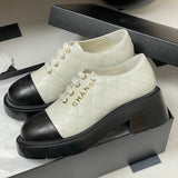 Women's Early Spring Collection Black & White Sheepskin and Patent Leather Color-Blocked Diamond-Quilted Chunky-Sole Derby/Oxford Shoes |G46252