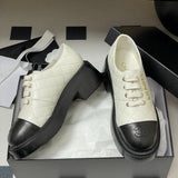 Women's Early Spring Collection Black & White Sheepskin and Patent Leather Color-Blocked Diamond-Quilted Chunky-Sole Derby/Oxford Shoes |G46252