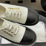 Women's Early Spring Collection Black & White Sheepskin and Patent Leather Color-Blocked Diamond-Quilted Chunky-Sole Derby/Oxford Shoes |G46252