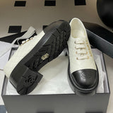 Women's Early Spring Collection Black & White Sheepskin and Patent Leather Color-Blocked Diamond-Quilted Chunky-Sole Derby/Oxford Shoes |G46252
