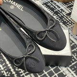 Women's Classic Ballet Flats with Sequins on Black Tweed or Mesh Fabric |G02819