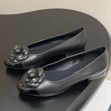 Women's Black Sheepskin and Patent Leather Camellia Flat Ballet Shoes| G02819
