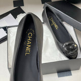 Women's Black Sheepskin and Patent Leather Camellia Flat Ballet Shoes| G02819