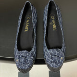 Women's Spring/Summer 2025 Collection Navy Blue and Dark Gray Diamond-Quilted Denim Ballet Flats |G26250