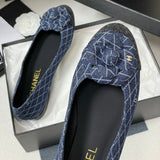 Women's Spring/Summer 2025 Collection Navy Blue and Dark Gray Diamond-Quilted Denim Ballet Flats |G26250