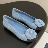 Women's Blue Quilted Embroidered Denim Camellia Ballet Flats |G02819