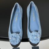 Women's Blue Quilted Embroidered Denim Camellia Ballet Flats |G02819