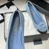 Women's Blue Quilted Embroidered Denim Camellia Ballet Flats |G02819