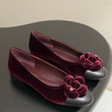Women's Burgundy Velvet Camellia Ballet Flats G32166
