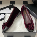 Women's Burgundy Velvet Camellia Ballet Flats G32166