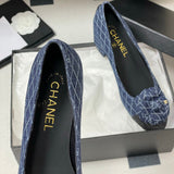 Women's Navy Blue and Dark Gray Embroidered Denim Camellia Chunky Heel Ballet Flats |G26250