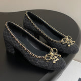 Women's Classic Ballet Flats, Black Lambskin and Patent Leather Combination, with Gold Chain Details |G46663