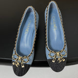 Women's Light Blue Denim Diamond Quilted Chain Bow Mid-Heel Pumps| G47820