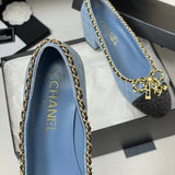 Women's Light Blue Denim Diamond Quilted Chain Bow Mid-Heel Pumps| G47820