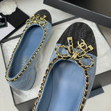 Women's Light Blue Denim Diamond Quilted Chain Bow Mid-Heel Pumps| G47820
