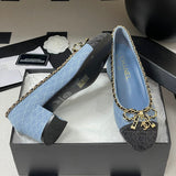 Women's Light Blue Denim Diamond Quilted Chain Bow Mid-Heel Pumps| G47820