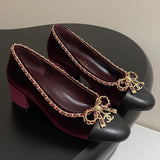 Women's Burgundy Velvet Two-Tone Chain-Detail Chunky Heel Pumps |G46663