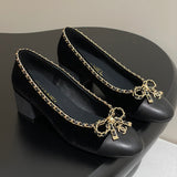 Women's Black Velvet Lambskin and Patent Leather Patchwork Chain Block Heel Pumps| G47203