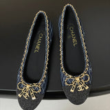 Women's Navy Denim Diamond Quilted Print Double C Patch Toe Ballet Flats| G26250