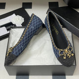 Women's Navy Denim Diamond Quilted Print Double C Patch Toe Ballet Flats| G26250