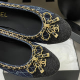 Women's Navy Denim Diamond Quilted Print Double C Patch Toe Ballet Flats| G26250