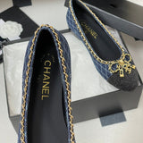 Women's Navy Denim Diamond Quilted Print Double C Patch Toe Ballet Flats| G26250