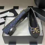 Women's Navy Denim Diamond Quilted Print Double C Patch Toe Ballet Flats| G26250