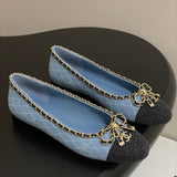 Women's Light Blue Denim Diamond Quilting Chain Bow Ballet Flats |G02819