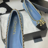 Women's Light Blue Denim Diamond Quilting Chain Bow Ballet Flats |G02819