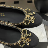 Women's Sheepskin and Patent Leather Patchwork Ballet Flats with Chain Detail in Black| G46663