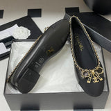 Women's Sheepskin and Patent Leather Patchwork Ballet Flats with Chain Detail in Black| G46663