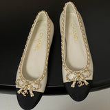 Women's Light Apricot & Black Chain Bow Ballet Flats G02819