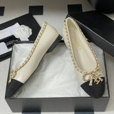 Women's Light Apricot & Black Chain Bow Ballet Flats G02819