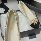 Women's Light Apricot & Black Chain Bow Ballet Flats G02819