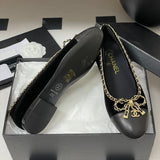 Women's Black Sheepskin and Patent Leather Two-Tone Chain Bow Flat Ballet Flats G02819